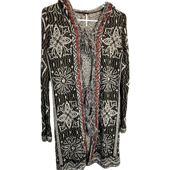 Free People Kai Open Front Tie Tassel Pom Boho Hooded Long Cardigan XS - Picture 2 of 5